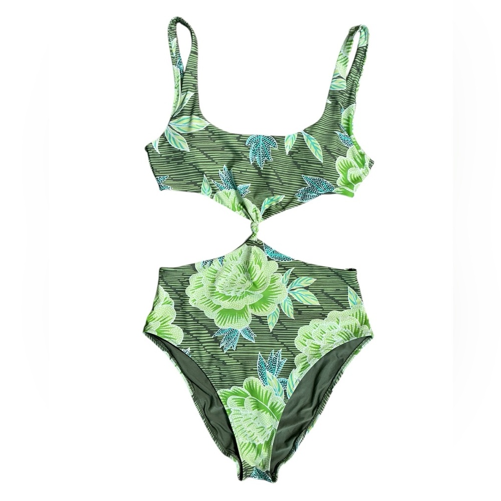 Aerie Green Floral Cutout One-Piece Swimsuit Size Large